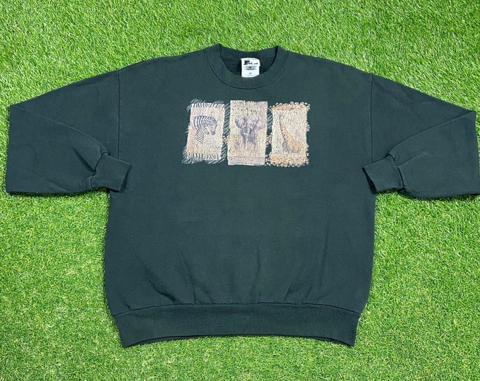 Vintage Animals Crewneck Sweatshirt Made USA Size Xtra Large XL Giraffe Elephant Zebra Zoo Safari Africa 1990s 90s Pull Over Oversized