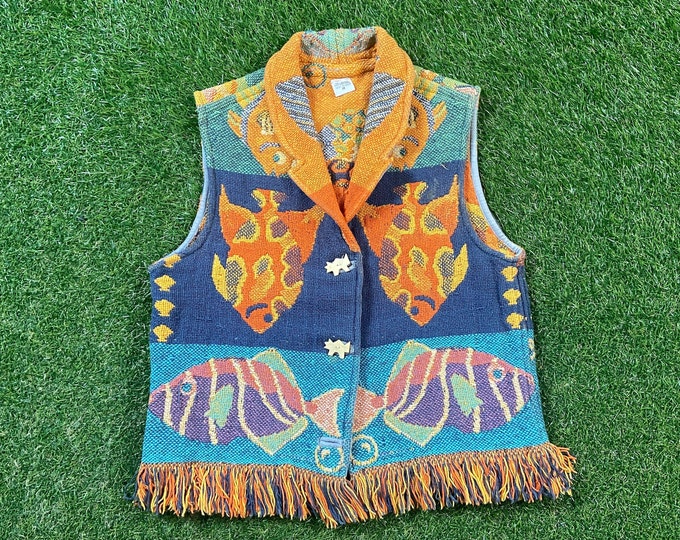 Vintage Artsy Fish Vest Size Medium M Wacky Fun Art Original Classic Party Festival Pop 1980s 80s