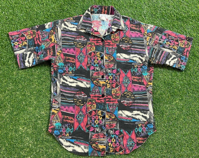 Vintage Multicolor Button Down Shirt Denim Republic Size Small S Classic Festival Party Rare Shirt 1990s 90s