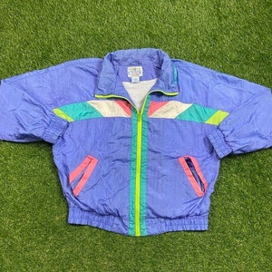 Vintage Graphic Windbreaker Zip Up Jacket Casual Club Size Large L Multicolor Streetwear Sport Active Wear Classic Light Rain Coat 1990s