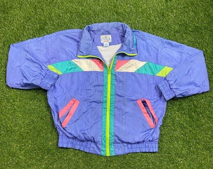Vintage Graphic Windbreaker Zip Up Jacket Casual Club Size Large L Multicolor Streetwear Sport Active Wear Classic Light Rain Coat 1990s