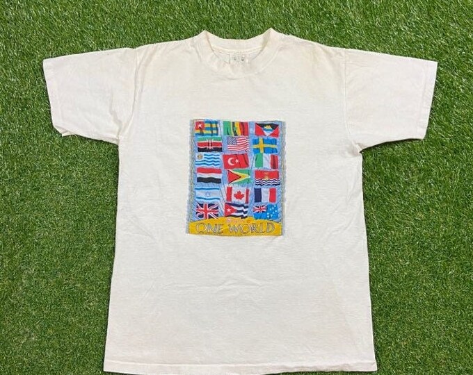 Vintage One World T Shirt Tee Jou Jou Made USA Size Medium M United Nations Earth Earth Country Globe Map All Over Print 1980s 80s