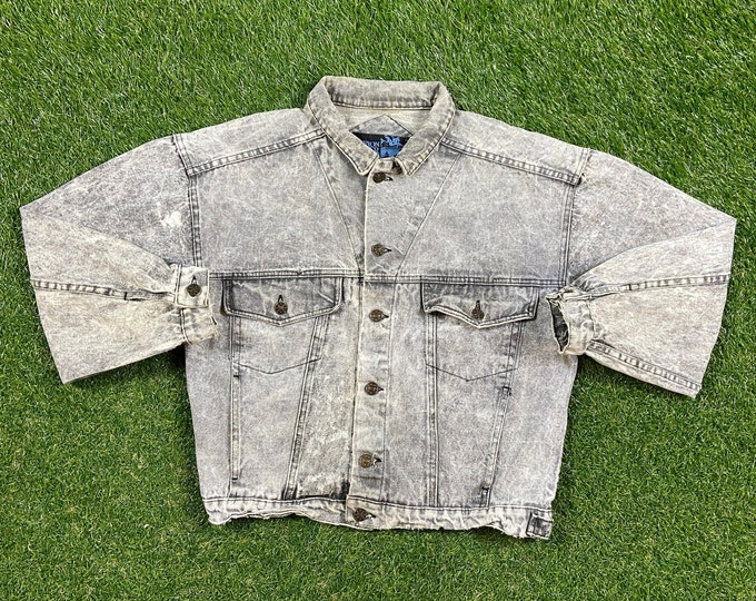 Vintage Canyon River Blues Jean Jacket Size Medium M American USA Classic Gray Jean Jacket Button Down 1980s 80s Acid Wash Black
