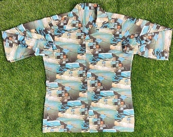 Vintage Fun Hawaiian Surfing Beach Button Down Beach Shirt Size Large Original 1980s 80s Classic L Surf Playboy All Over Print