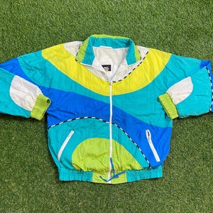 Vintage Graphic Windbreaker Zip Up Jacket Active Elements Size Large L Multicolor Streetwear Sport Active Wear Classic Light Rain Coat 1990s