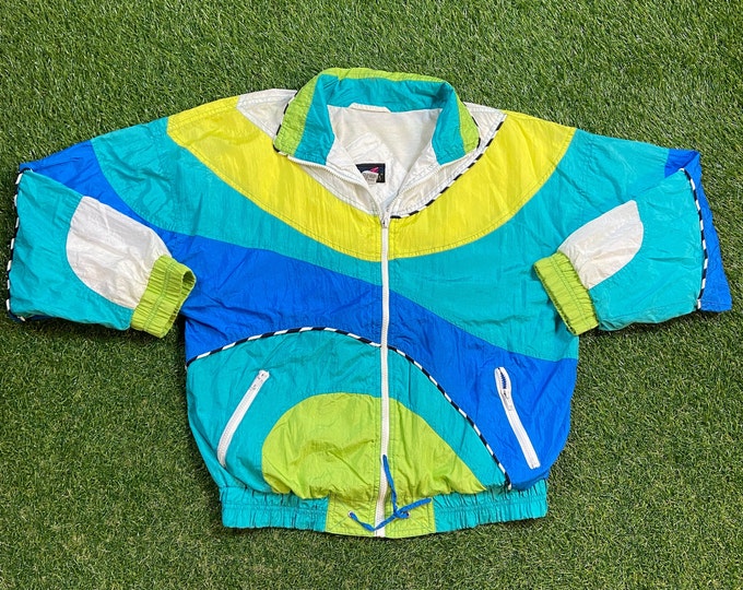 Vintage Graphic Windbreaker Zip Up Jacket Active Elements Size Large L Multicolor Streetwear Sport Active Wear Classic Light Rain Coat 1990s