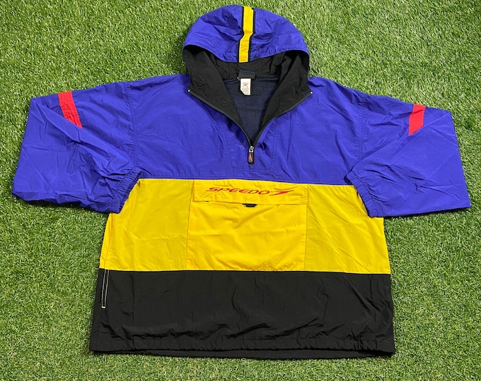 Vintage Graphic Windbreaker Zip Up Jacket Speedo Size Xtra Large XL Multicolor Streetwear Sport Active Wear Classic Light Rain Coat 1990s