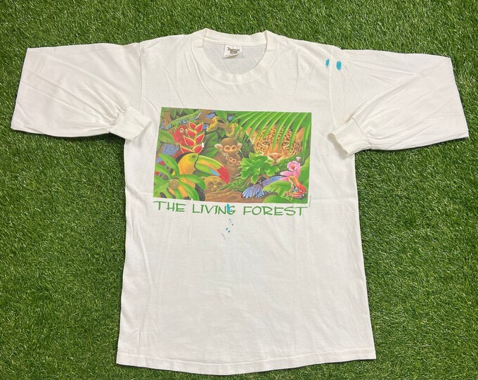 Vintage The Living Forest Long Sleeve Shirt Made USA Size Large L Environment Animals Habitat All Over Print Cool 1990s 90s
