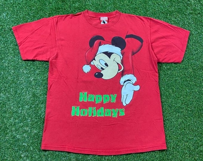 Vintage Mickey Mouse Christmas T Shirt Tee Made USA Size Xtra Large XL Walt Disney World Classic Mickey XMAS Holiday 1990s 90s