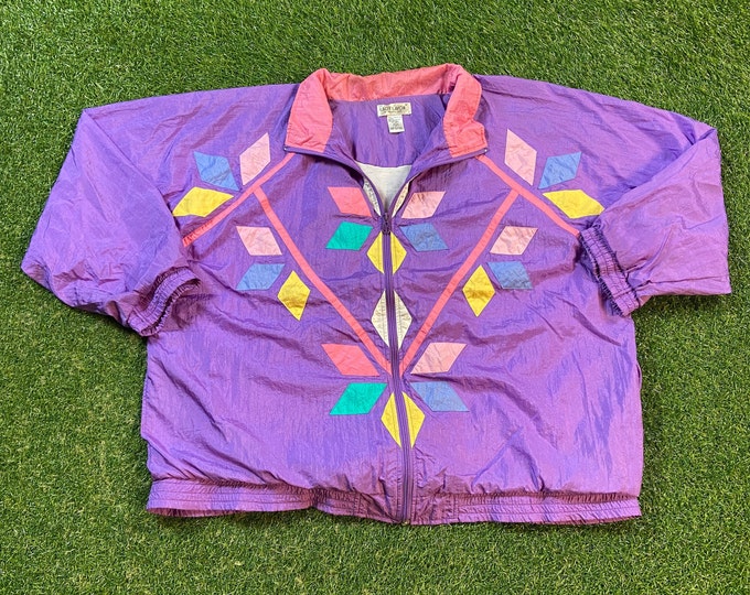 Vintage Graphic Windbreaker Zip Up Jacket Lady Lavon Size 3X Multicolor Streetwear Sport Active Wear Classic Light Rain Coat 1990s 90s
