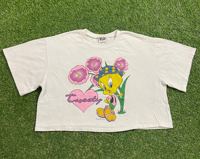 Vintage Looney Tunes Crop Top Shirt Made USA Size Large L Tweety Bird Sylvester the Cat Warner Bros Classic Cartoon 1990s 90s