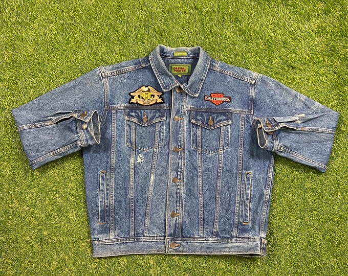 Vintage Harley Davidson Jean Jacket Casual Isle Size Large L Designer Clothing 1990's 90's Motorcycle Rare Quality Fit Biker