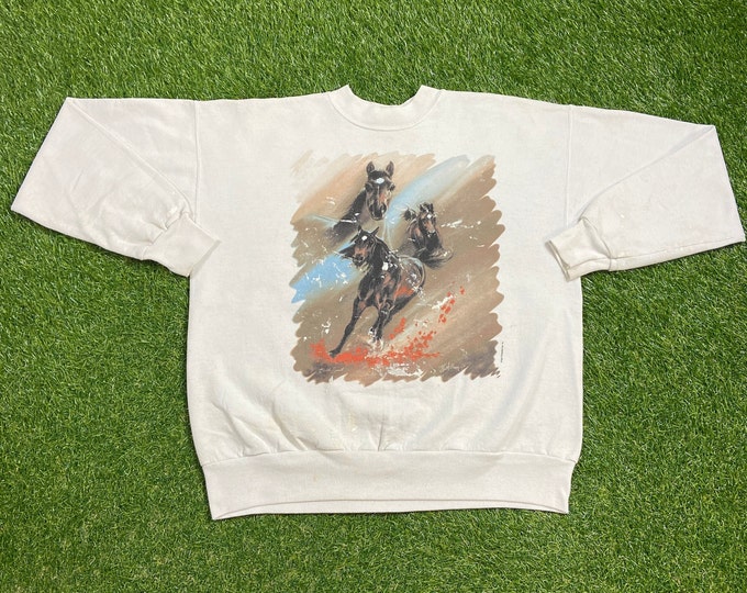 Vintage Horses Crewneck Sweatshirt Made USA Size Large L Animal Stable Farm Nature Fantasy Magical Beast Kentucky Derby 1990s 90s Pull Over