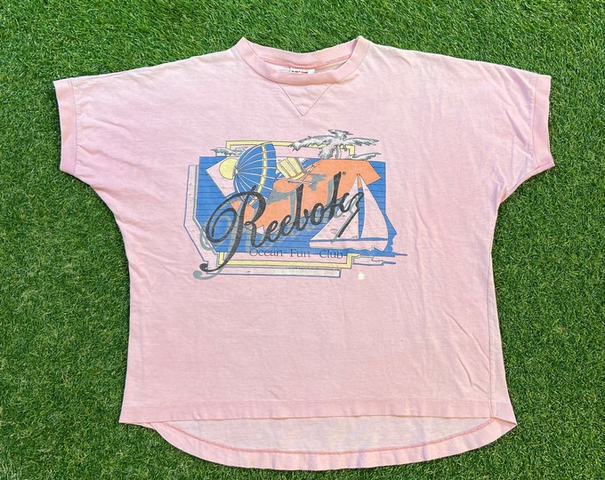 Vintage Reebok T Shirt Tee Made USA Size Youth Large Ocean Fun Club Beach Palm Trees Classic Sportswear 1990s 90s