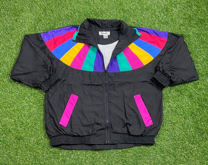 Vintage Graphic Windbreaker Zip Up Jacket Slade Size Medium M Multicolor Streetwear Sport Active Wear Classic Light Rain Coat 1990s