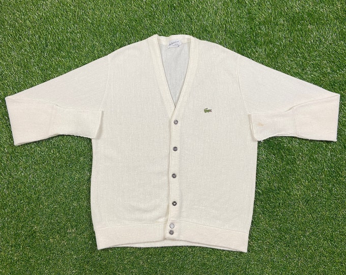 Vintage Lacoste Izod Cardigan Sweater Size Large L White 1980s 80s Crocodile Designer Paris Streetwear Comfy Button Down
