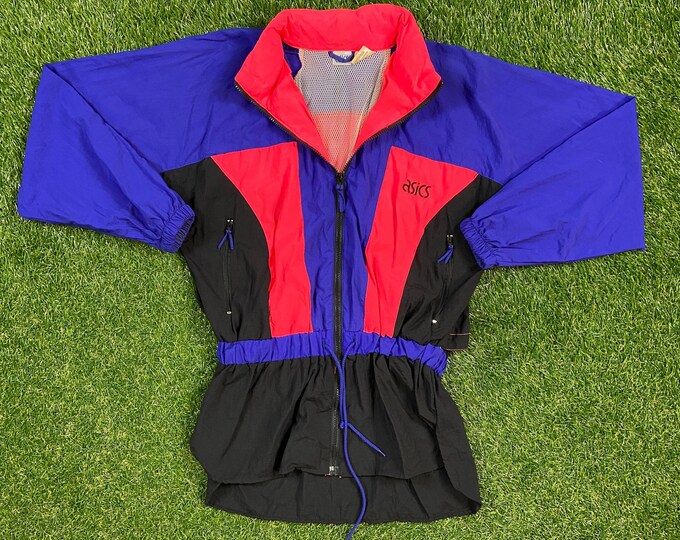 Vintage Asics Windbreaker Jacket Size Medium M Classic Sport Wear Light Rain Coat 1990s 90s Ladies Womens Waist Coat