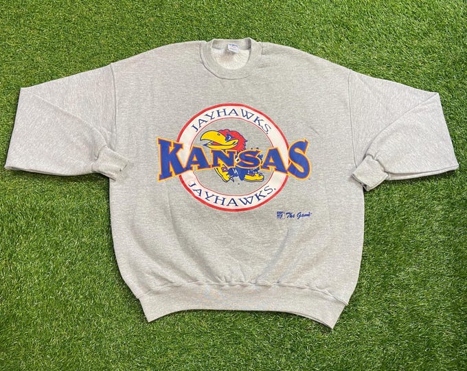 Vintage University of Kansas Crewneck Sweatshirt Made USA Size XXL 2XL NCAA College Basketball Classic Jayhawks 1990s 90s Pull Over
