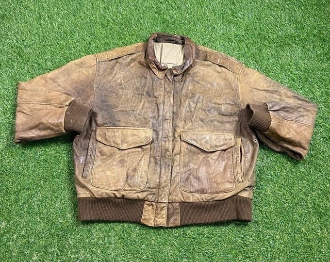 Vintage Brown Leather Jacket Airborne Paris Sports Club Size Large L Authentic American Apparel Quality Very Warm Coat Faded 1990s 90s
