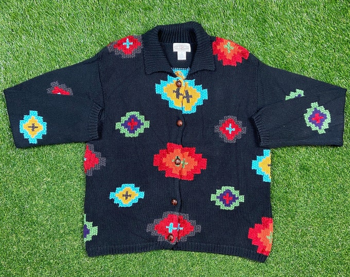 Vintage Artsy Knitted Sweater Cambridge Dry Goods Size Large L Classic Quality Warm Button Down 1980s 80s Original