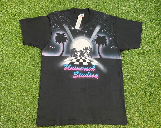 Vintage Universal Studios T Shirt Size Large Unique Handmade Galaxy Stars Neon Classic Film Theme Park 90s Deadstock Crazy 80s Rare NWT