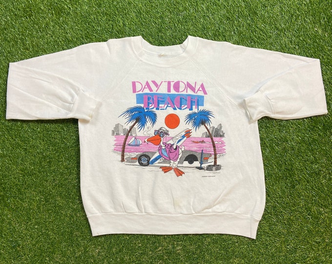 Vintage Daytona Beach Florida Crewneck Sweatshirt Size Small S Palm Trees Tropical Ocean Miami FL 1980s Pull Over