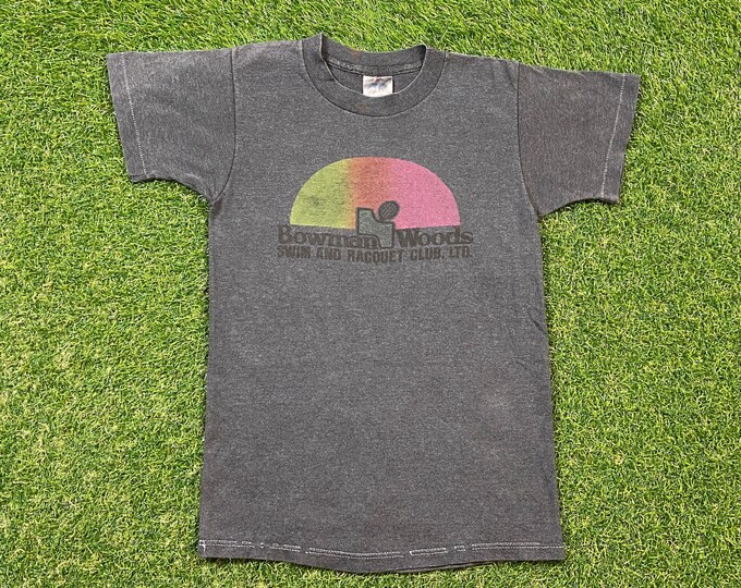 Vintage Bowman Woods T Shirt Tee Miller Made USA Size Youth Large Swim and Racquet Club Swimming Gym Pool 1980s 80s