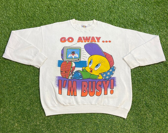 Vintage Tweety Bird Crewneck Sweatshirt Made USA Large L Looney Tunes Warner Bros Yellow Bird Cartoon Bugs Bunny Taz 1990s 90 Pull Over