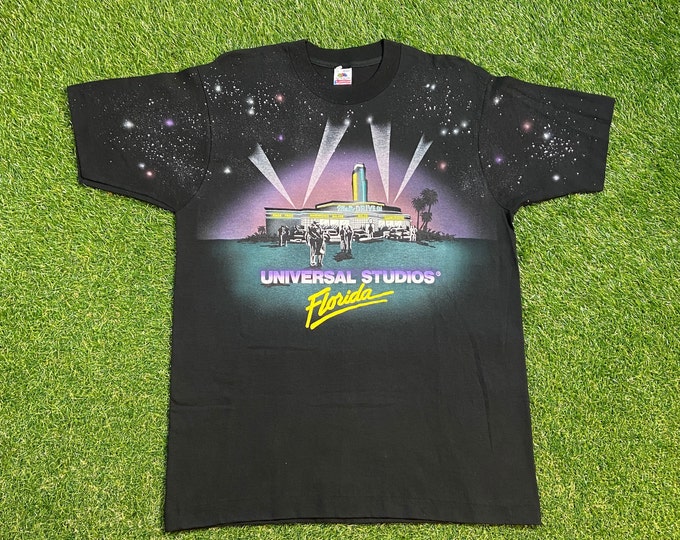 Vintage Universal Studios T Shirt Size Large Unique Handmade Galaxy Stars Neon Classic Film Theme Park 90s Deadstock Crazy 80s Rare NWT