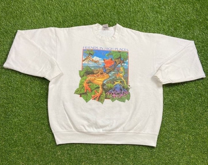 Vintage Friends in High Places Crewneck Sweatshirt Made USA Size Xtra Large XL Frogs Planet Earth Animals 1990s 90s All Over Pull Over