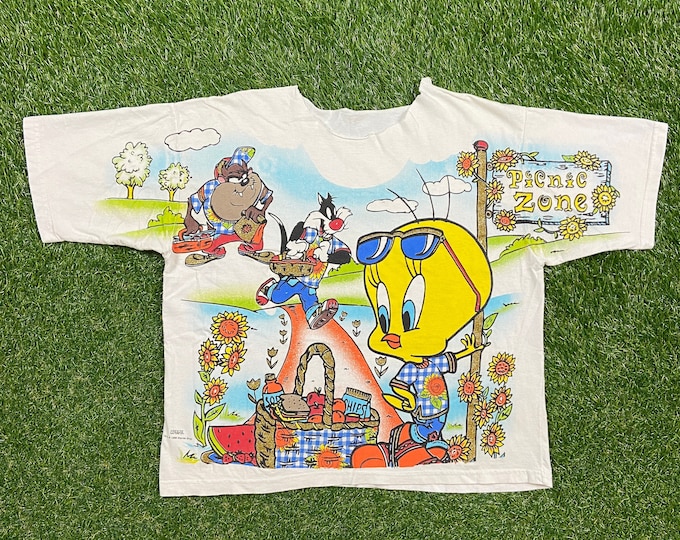 Vintage Looney Tunes Crop Top T Shirt Tee Size Medium M Bugs Bunny Warner Bros Cartoon Classic Space Jam 1990s 90s Freeze