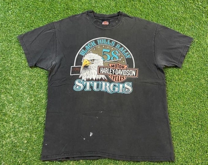 Vintage Black Hills Rally Sturgis T Shirt Tee Made USA Size Xtra Large XL Harley Davidson Bike Week 3D Eagle Motorcycle Biker All Over 1990s