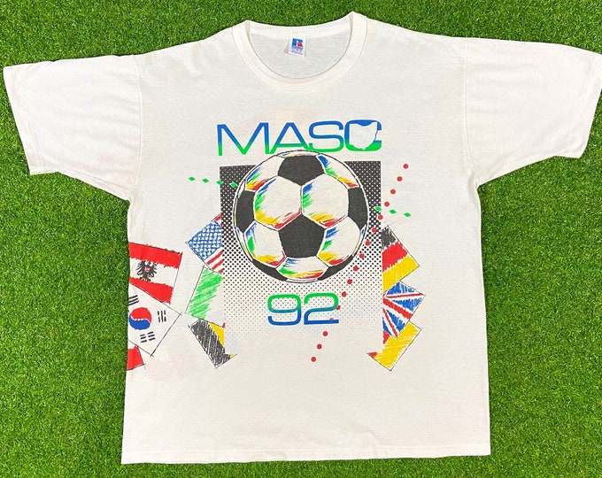 Vintage MASC Mid American Soccer Classic 1992 Tournament T Shirt Tee Russell Athletic XL Made USA 1990's 90's Flags All Over Print World Cup