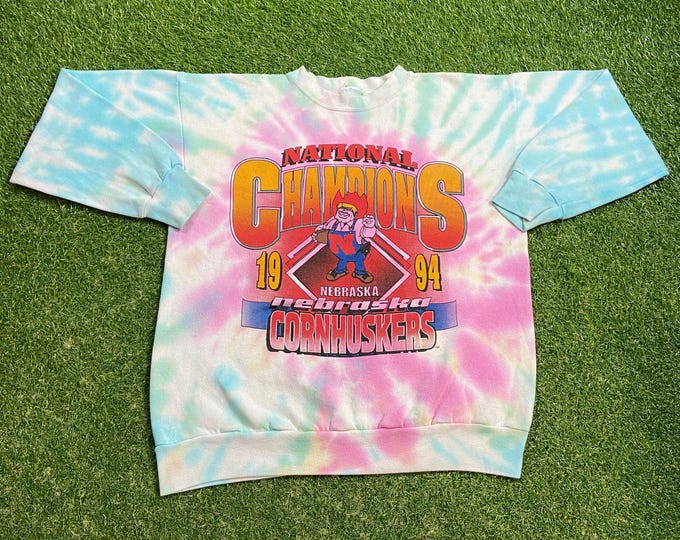 Vintage University of Nebraska Cornhuskers 1994 National Champions Tie Dye Crewneck Sweatshirt Made USA Size Large L NCAA College Football