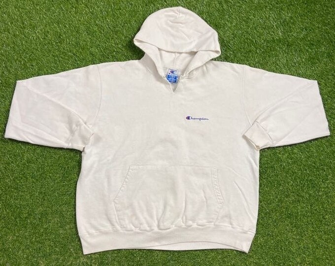 Vintage Plain White Champion Hoodie Sweatshirt Size Xtra Large XL Quality 1990s Oversized Comfy Great Fit Made USA Original 90s Pull Over