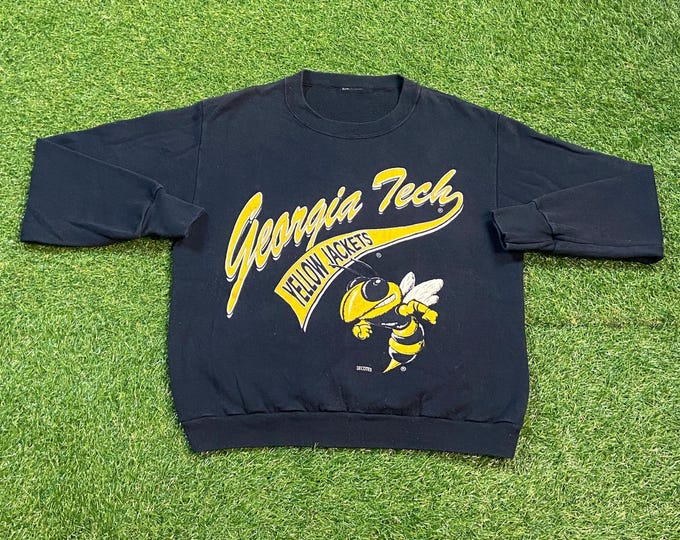 Vintage Georgia Tech University Crewneck Sweatshirt Size Small S NCAA College Basketball Atlanta Yellow Jackets Pull Over Oversized 1990s