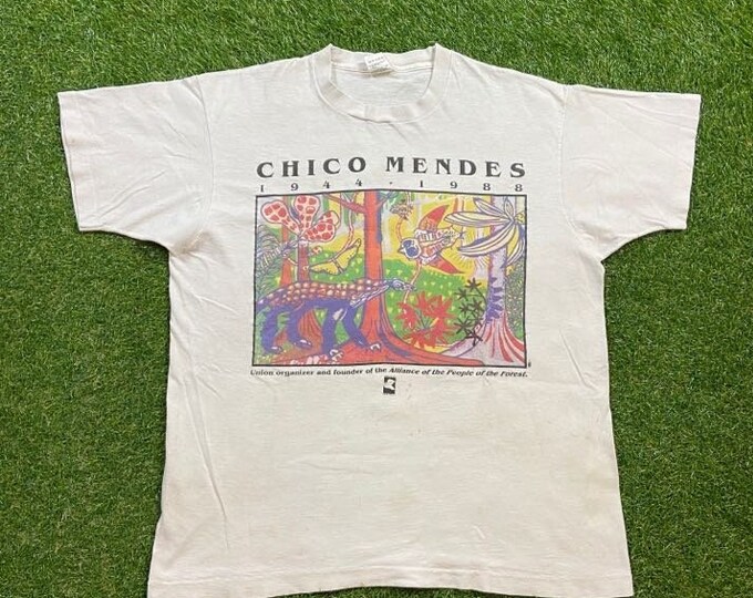 Vintage Chico Mendes T Shirt Tee Fruit of the Loom Made USA Size Xtra Large XL Habitat Planet Earth Animals Art 1990s 90s Save the Planet