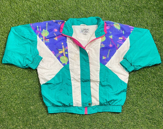 Vintage Graphic Windbreaker Zip Up Jacket Casual Isle Size Small S Multicolor Streetwear Sport Active Wear Classic Light Rain Coat 1990s