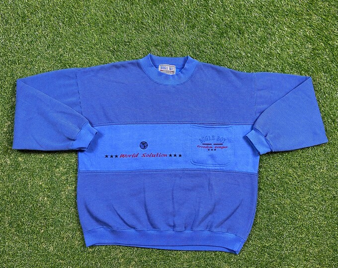 Vintage Bugle Boy Crewneck Sweatshirt Size Large Rare 1990s 90s Denim Jeans American Apparel Outdoor Wear Work Wear Rugged Pull Over