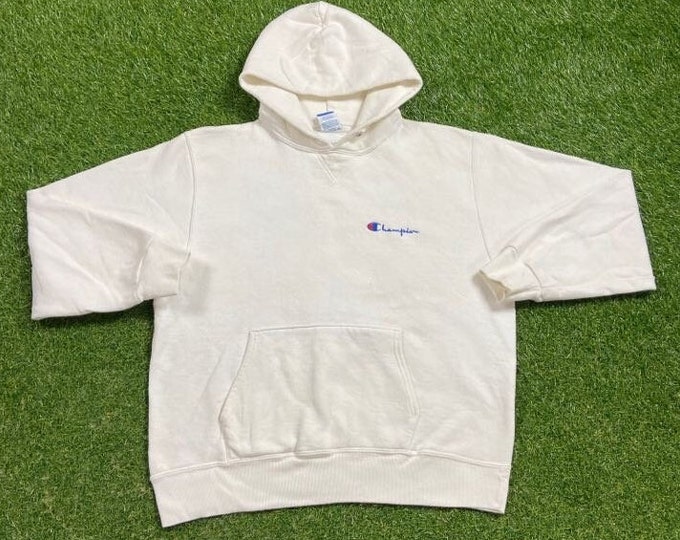 Vintage Plain White Champion Hoodie Sweatshirt Size Large L Quality 1990s Oversized Comfy Great Fit Made USA Original 90s Pull Over