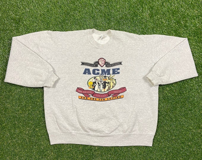 Vintage Looney Tunes Crewneck Sweatshirt Acme Clothing Made USA Xtra Large XL Bugs Bunny Warner Bros Cartoon Pull Over Oversized 1990s 90s