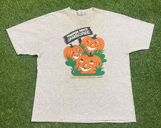 Vintage Pumpkin Patch Jamboree T Shirt Tee Made USA Size XL Halloween Jack o Latern Haunted House Trick or Treat Oct 31 Spooky Candy 1990s