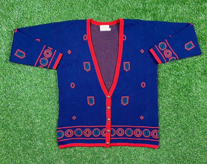 Vintage Blue and Red Pendleton Wool Cardigan Sweater Made USA Size Large L 1980s 80s Comfy Button Down Quality
