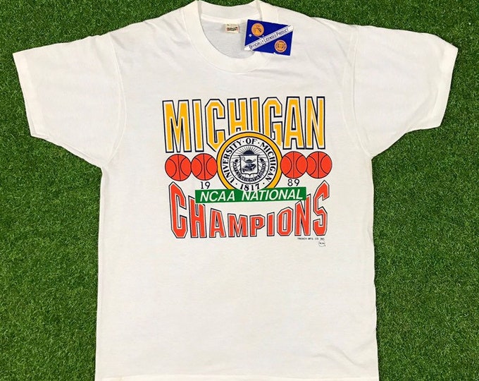Vintage University of Michigan Wolverines Champions Large T Shirt NCAA 1989 80's Detroit Made USA New With Tags Single Stitch Deadstock Nwt