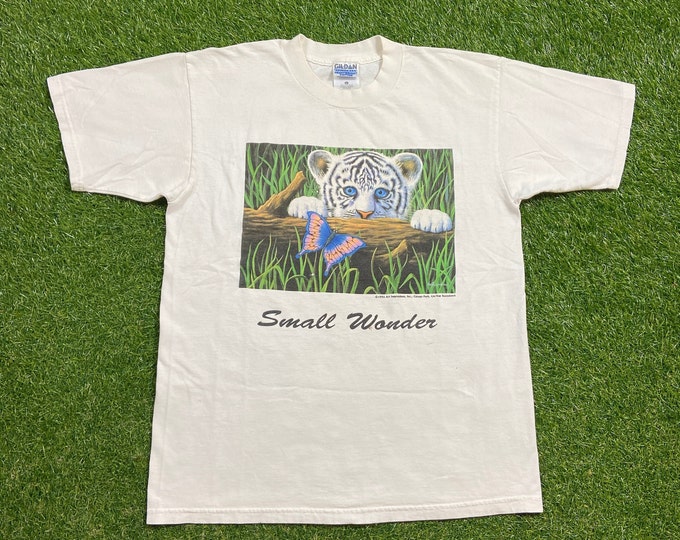 Vintage White Tiger Cub T Shirt Tee Gildan Size Large L Felis Tigris Animals Jungle Safari 1990s 90s