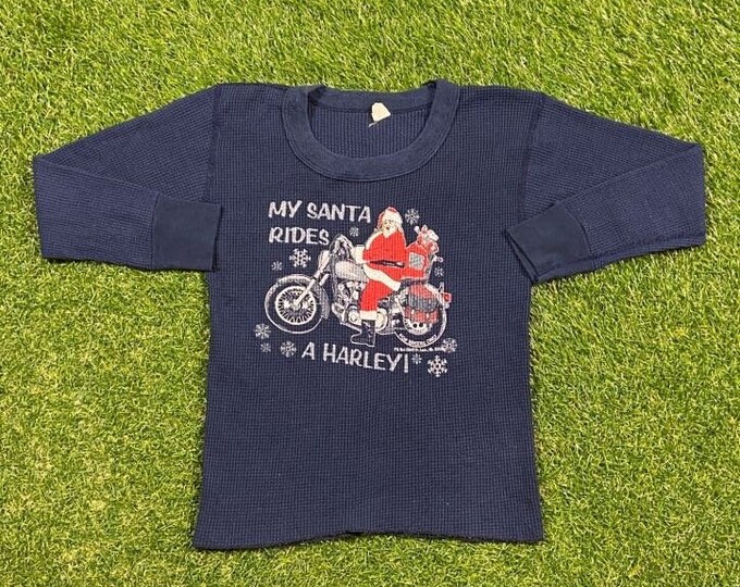 Vintage Harley-Davidson Waffle My Santa Rides A Harley! Thermal Size Youth Large 10-12 Memphis Tennessee 3D Truckers Biker Christmas
