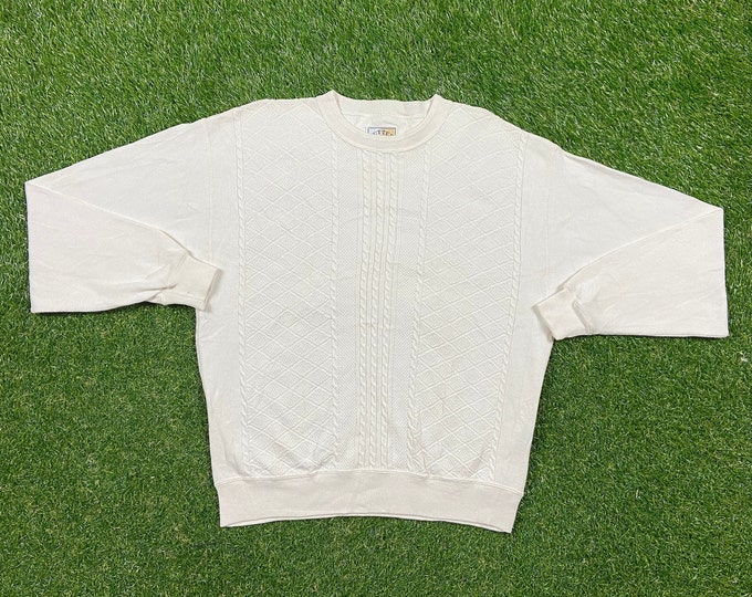 Vintage Cutter and Buck White Knit Crewneck Sweater Made USA Size Medium M Pull Over Oversized 1990s 90s