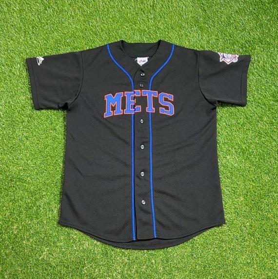 Majestic MLB New York Mets Button Down Jersey Black / Blue Size XL