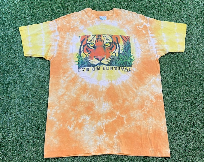 Vintage Eye on Survival T Shirt Tee Human I Tees Made USA Size Xtra Large XL Big Cat Tiger Animals Jungle Safari Classic 1990s 90s Hand Dyed