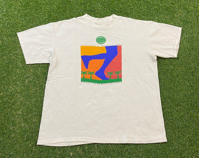 Vintage Marathon V T Shirt Tee Made USA Size Xtra Large XL The City of Los Angeles Marathon Running Mercedes Benz California 1990s 90s